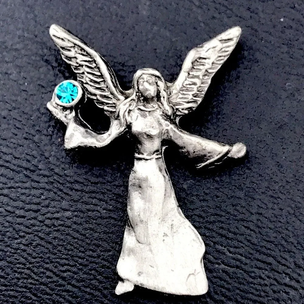 Vintage Pewter Angel Pin Blue Crystal Accent Guardian Angel Lapel Brooch